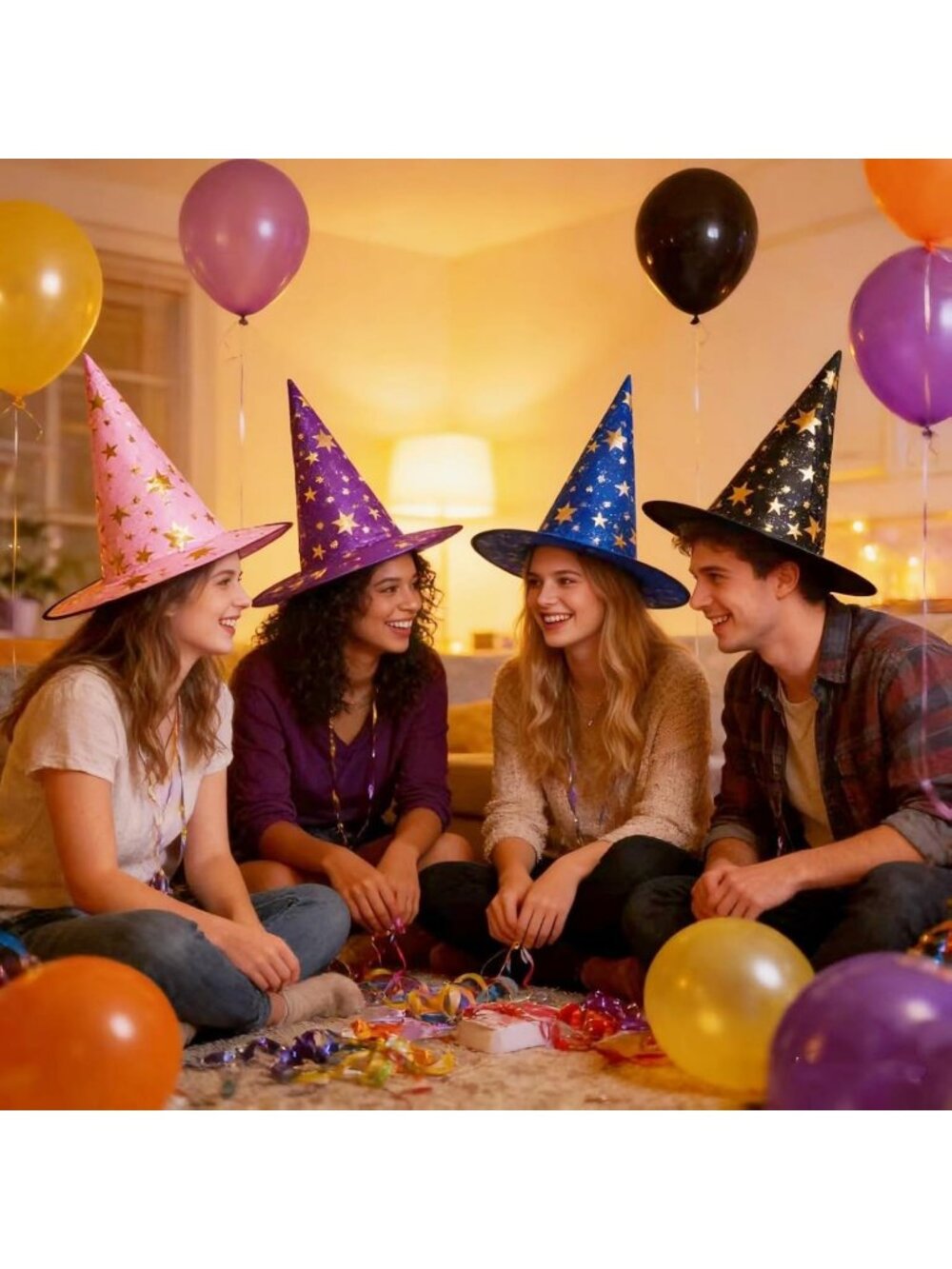 Halloween Mixed Colors 4pcs Witch Hat Mystical Star Print Hats for Decoration - Picture 7 of 7